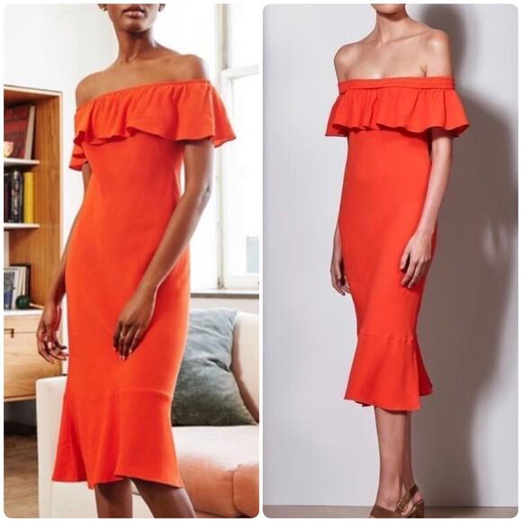 Veronica Beard Oleta Ruffled Off-the-Shoulder Dress Red - Picture 1 of 16